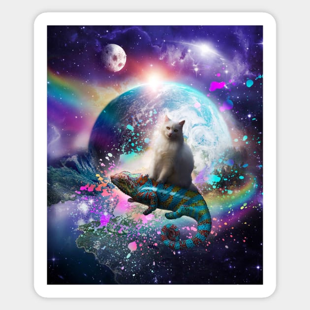 Kitty Cat Riding Rainbow Chameleon Lizard In Space Universe Sticker by Random Galaxy